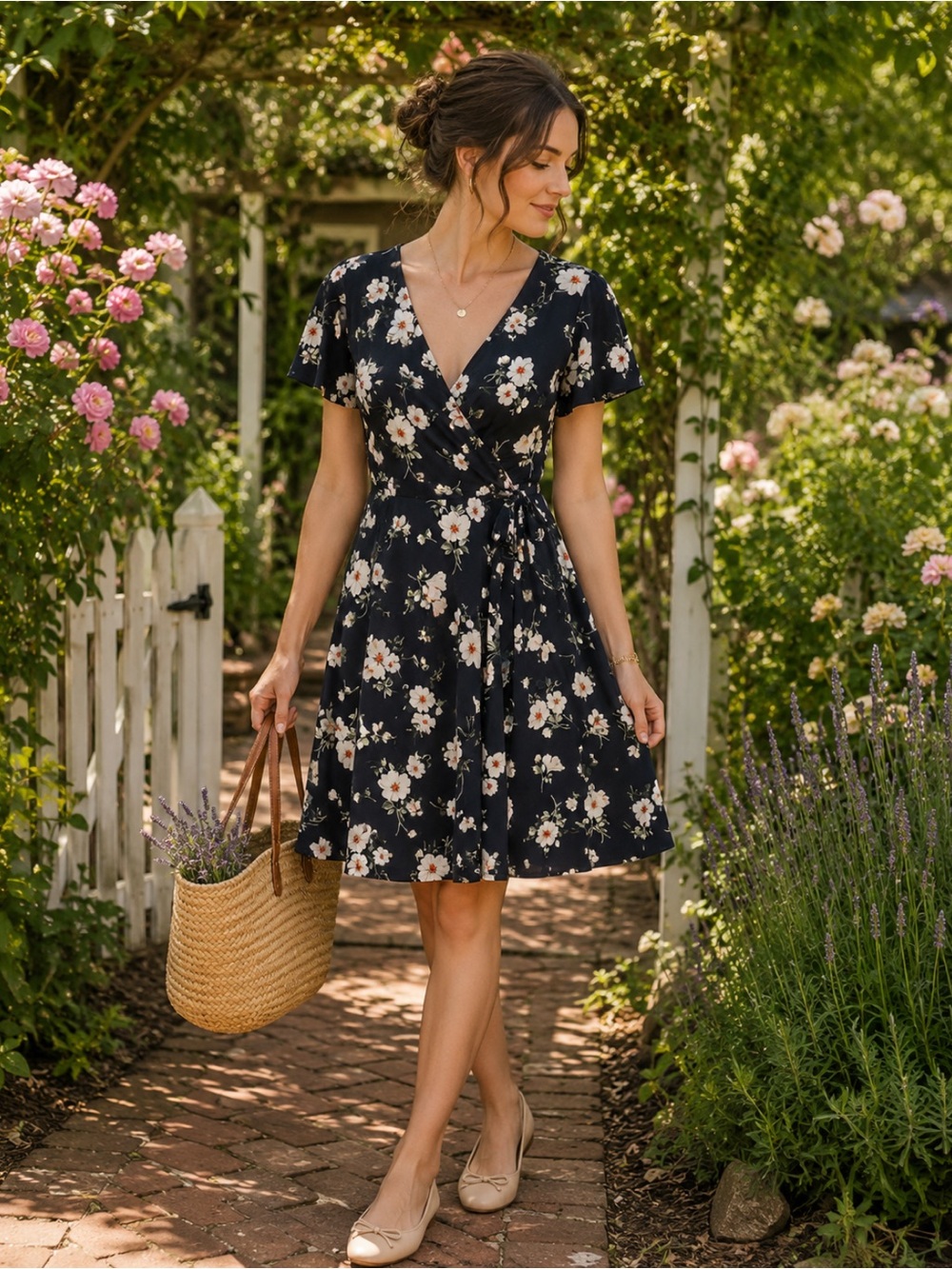Fortune and Ivy Navy Floral Faux-Wrap Mini Dress